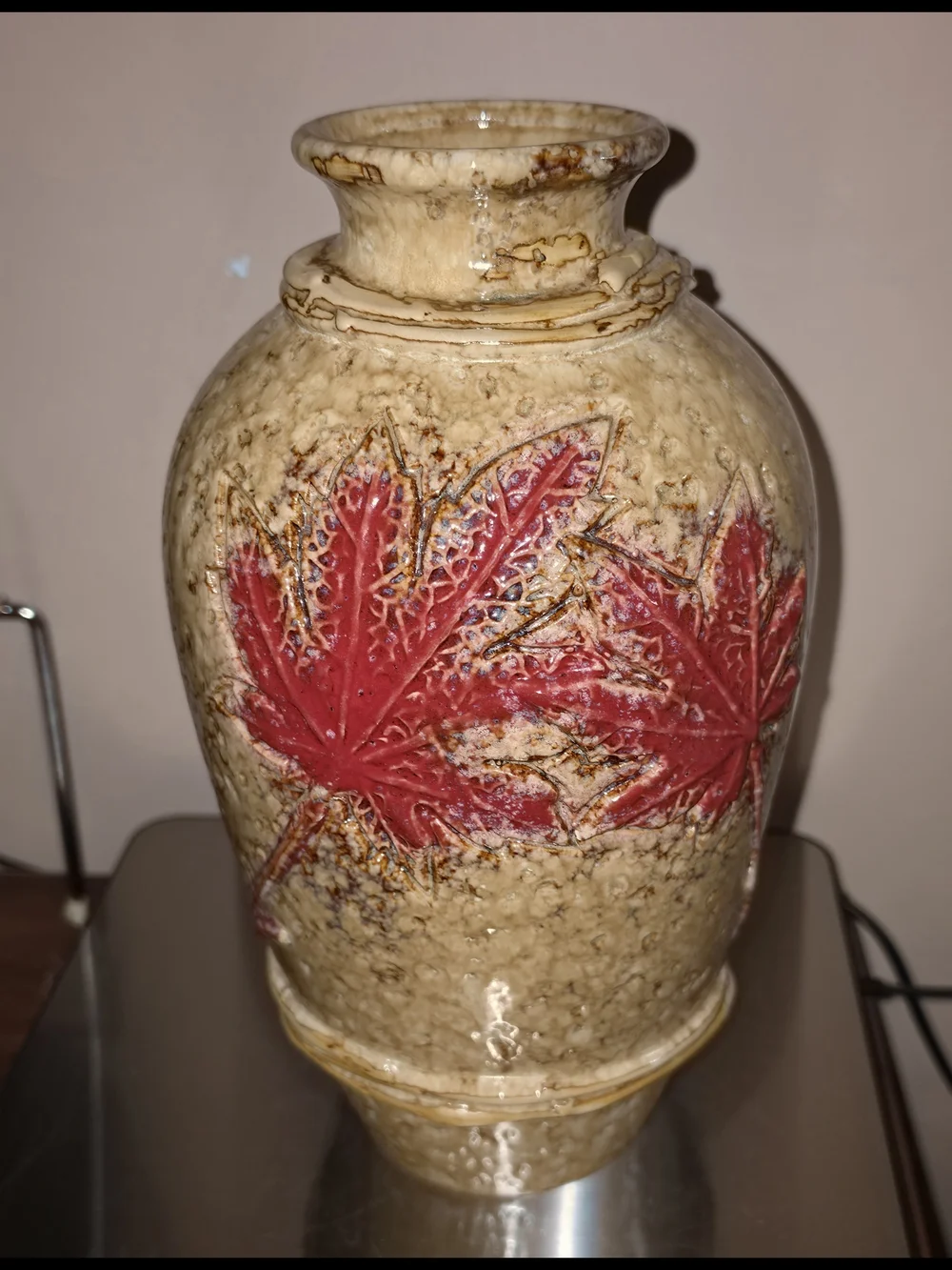 Ceramic Vase with Red Leaf Motif